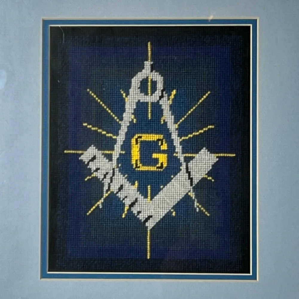 Vintage Masonic Lodge Cross Stitch Gold Framed Matted‎ Handmade Needlework